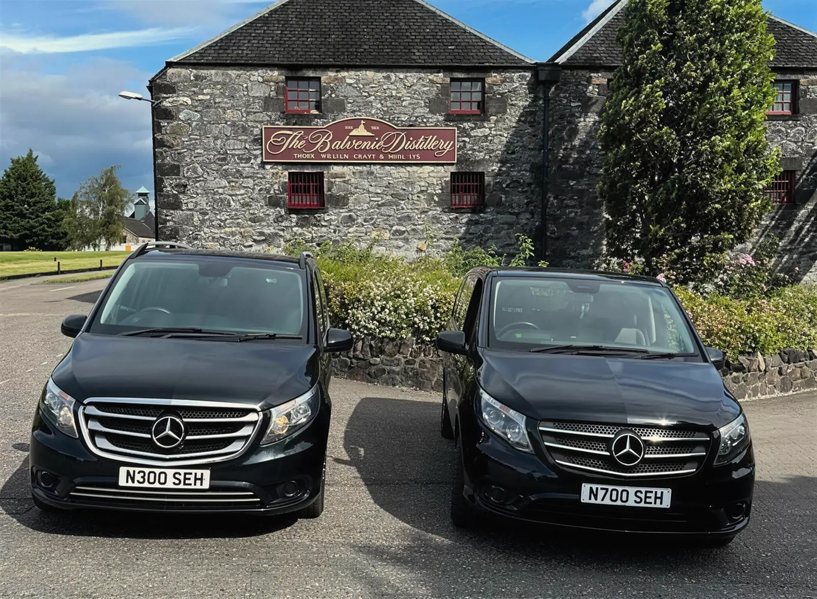 Two Mercedes-Benz Vitos outside The Balvenie Distillery in Dufftown