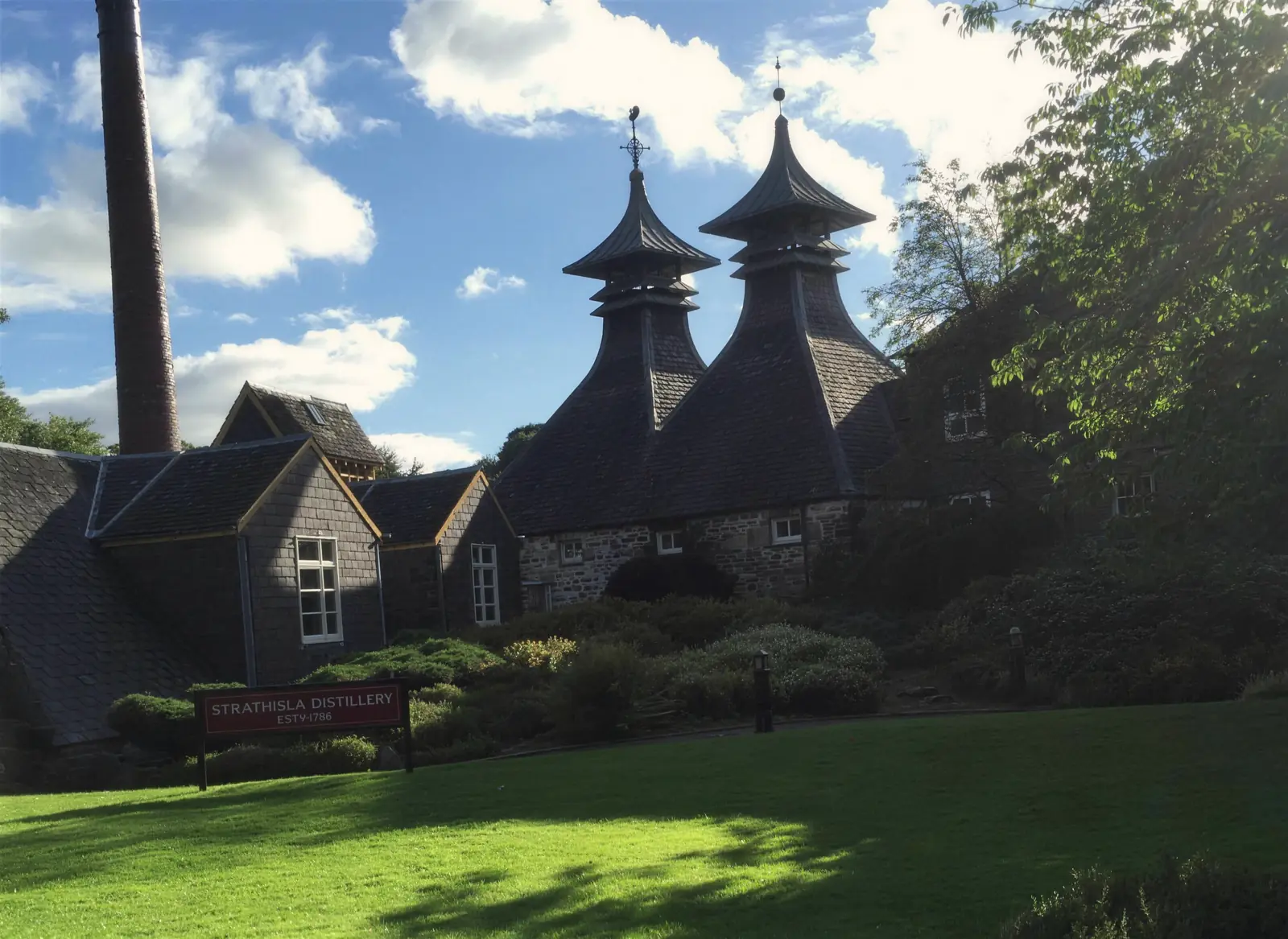 The twin pagoda roofs of Strathisla Distillery in Keith